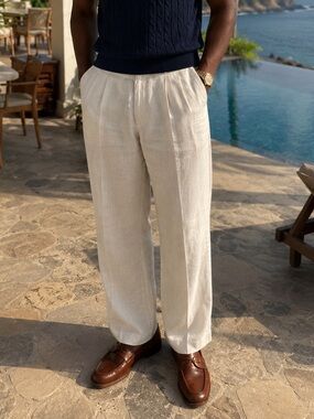 Vanetti Linen Pinstripe Pants Men’s 40R Beige Coastal Dadcore Resortwear